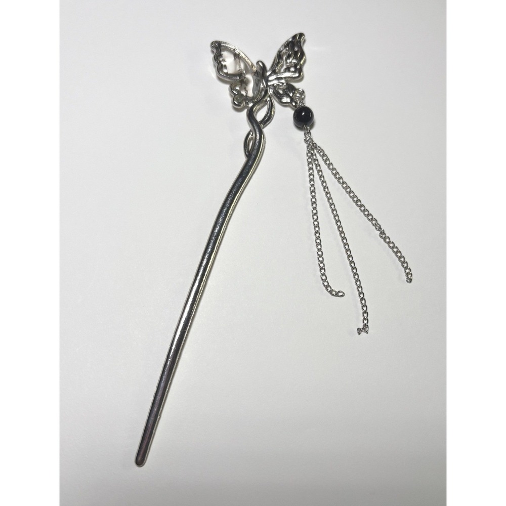 NEW Butterfly Hair Stick Women Silver Tassel Chain Bead Accessory - Picture 1 of 5